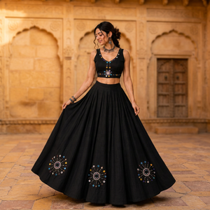 Women's Black Embroidered <b>Lehenga</b> Set With Crop <b>Top</b> For Traditional Indian Style For Navratri Wear - Product Image 5