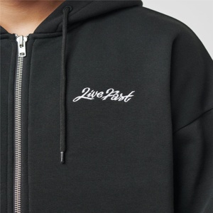Streetwear <b>Zip</b> Up Hoodie Heavyweight Fleece Chest Script Embroidery <b>Full</b> <b>Zip</b> Drop Shoulder Loose Fit Unisex <b>Sweatshirt</b> Wholesale - Product Image 4