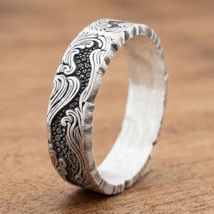 Brass Artisan Wedding <b>Ring</b> for <b>Men</b> Handmade 18K Gold Plated Textured Band Abstract Flowing Wave Motif <b>Unique</b> Irregular Design - Product Image 6