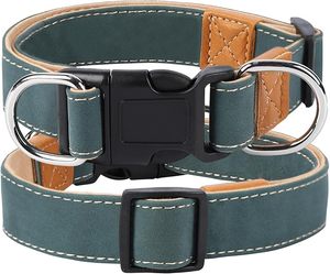 Green Leather Dog <b>Collar</b> With Adjustable Buckle Closure For Pets - Product Image 1