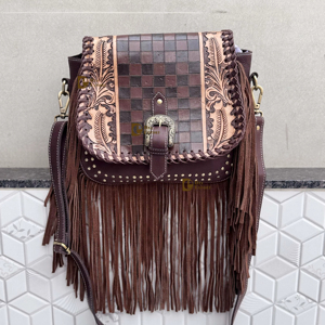 High Quality Fringe Handbag Hand Tooled Carving Leather <b>Bag</b> Gypsy <b>Boho</b> Checkers Handmade Real Leather Western Multi Uses <b>Bag</b> - Product Image 1