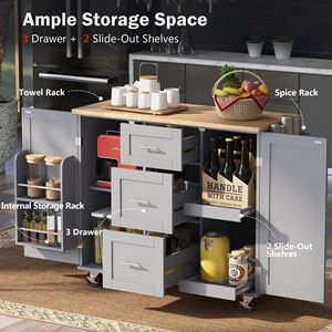 Carrello da cucina a 3 cassetti con 2 ripiano scorrevole a 2 ripiani per cucina a isola in gomma blu grigio ripiano interno per riporre le spezie torre - Product Image 4