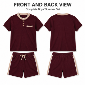 Ensemble T-shirt et short en coton tricoté marron pour homme, col Henley, tenue décontractée d'été, couleur unie, manches longues, avec poche - Product Image 2
