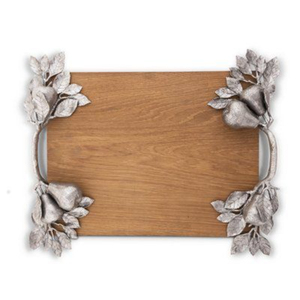 Plateau de service rond en bois de manguier avec poignées en métal doré à motifs floraux, artisanal, décoratif, pour la décoration des tables d'hôtels et de restaurants - Product Image 6