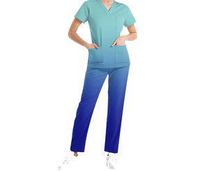 Conjunto de uniforme médico para mujer, top con cuello en V y bolsillos, pantalones azules, uniforme de hospital, tela tejida de algodón y poliéster - Product Image 1