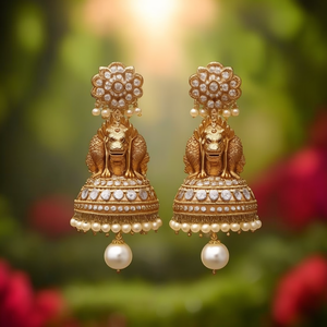 Gold Plated Nagas Jhumka Stud Earrings with Pearl and Diamond for Wedding and Party - Product Image 3