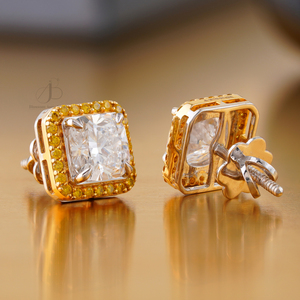 4.17 CT Yellow Cushion Lab Grown Diamond Halo Stud <b>Earrings</b> 14K Two-Tone Gold VVS1 White Rose 18K Rose Gold Screw Pattern - Product Image 4