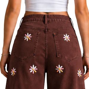 Vaqueros anchos de mezclilla marrón chocolate para mujer con bordado floral, cintura alta, holgados, estilo casual urbano, OEM personalizado - Product Image 6