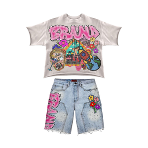 <b>Custom</b> Logo DTG Printed Breathable Summer Streetwear Designer Cotton Crop Top T-Shirt Shorts Set Jeans <b>Denim</b> Pants Men High - Product Image 1