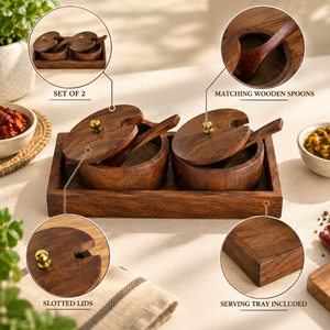 Ensemble de porte-pickles en bois avec couvercles et cuillères |   2 récipients à condiments avec plateau de service rectangulaire pour la cuisine et la table à manger - Product Image 3