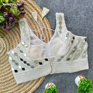 Gorgeous Looking Heavy Silk <b>with</b> Pearl-<b>Mirror</b>-<b>Crystal</b> Sleeveless Padded Blouse Collection Woman Fashion Exporter Indian Supplier - Product Image 4