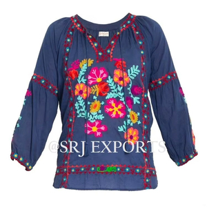 Stunning Aari Embroidered Bohemian V-neck Long Sleeve Blouse Top Beautiful Summer Floral Design Vibrant Colors Lace Decoration - Product Image 1