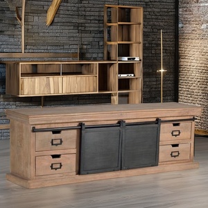 Luxury European-Style Industrial TV Stand High Quality <b>Solid</b> Mango <b>Wood</b> Modern Metal Base Storage Furniture Living Room Bedroom - Product Image 1
