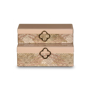 Luxury Beige Woven Glass Storage Box Set with Gold Floral Handle | Premium Decorative Jewelry Vanity Organizer for Home Decor - Product Image 1