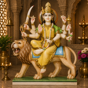Handcrafted Durga Devi on Lion with Green Drapery and Golden Crown | Sacred Marble Artwork by MALIYAS Jaipur India - Product Image 3