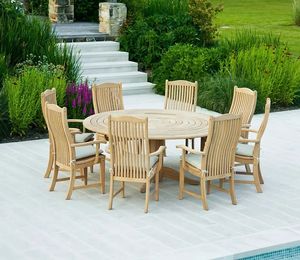 Modern Teak Wood Outdoor Dining Set with <b>Round</b> <b>Table</b> and Six Dining Chairs - Product Image 2