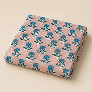 Tela de Algodón Estampada a Mano con Diseño Floral Buta en Rosa Melocotón y Azul, Suave y Transpirable, para Confección de Kurta y Decoración del Hogar - Product Image 1