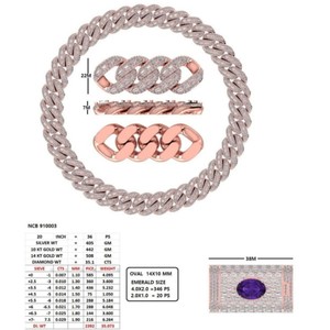 Collares de eslabones cubanos de lujo unisex, de moda y de gran peso, con esmeralda de corte redondo cultivada en laboratorio, estilo 'Iced Out', con gema ovalada y cierre de caja, en oro rosa de 14K - Product Image 1