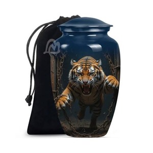 Urna Funeraria de Aluminio Azul con Diseño de Tigre para Cenizas de Adultos, Urna Decorativa Grande con Tapa - Product Image 1