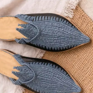 Ensemble de 2 babouches marocaines en raphia faites à la main – Sandales en raphia multicolores et bleues tissées à la main – Chaussures bohèmes - Product Image 1