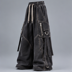 Men's Washed Wide Leg Cargo Pants Drawstring <b>Elastic</b> <b>Waist</b> Multi Pocket Streetwear <b>Trousers</b> - Product Image 2