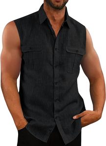 Chemise sans manches boutonnée personnalisée pour homme en lin et coton, débardeur basique d'été pour la plage, T-shirt Cor Men - Product Image 3