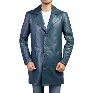 <b>Men's</b> Genuine Leather <b>Long</b> Trench <b>Coat</b> Notched Lapel Single Breasted Regular Sleeve Outerwear - Product Image 6