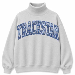 Custom Trackstar Flame Pattern Letter Applique Women's Oversized Mock Neck Cotton Fleece Sweatshirt - Product Image 1