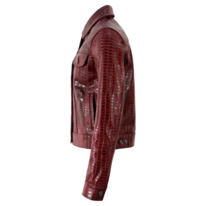 Women's Genuine Leather <b>Trucker</b> <b>Jacket</b> Embossed Crocodile Pattern Red Full Sleeve Turn-down Collar Autumn Style - Product Image 5