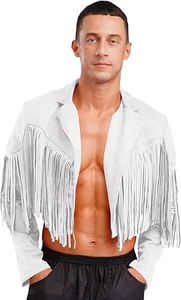 Top Quality <b>White</b> Genuine Leather Fringe <b>Jacket</b> for <b>Men</b> Western Cowboy Open Front Tassel Coat Festival Fashion Outerwear - Product Image 6