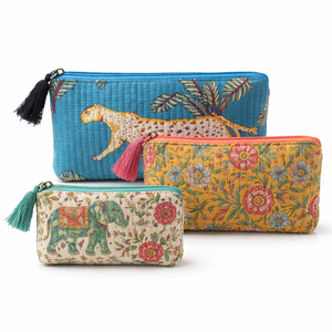 Juego de Bolsas Cosméticas Acolchadas de Algodón Kantha, Cosidas a Mano, Estampadas, Organizadores de Viaje, con Cierre de Cremallera, Impermeables - Product Image 1