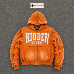 Sudadera con capucha con cremallera naranja Hidden Truth para hombre, estilo clásico urbano, de lujo premium para invierno, con diseño gráfico de moda urbana. - Product Image 5
