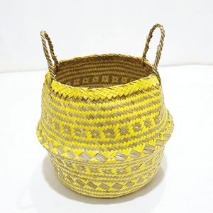 New Design Circle Durable Palm Leaf Belly <b>Basket</b> Yellow Woven Storage Bin <b>Foldable</b> with Handle - Product Image 6