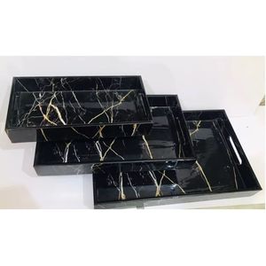 Ensemble de plateaux de service en bois avec poignées, plateau décoratif pour café, thé, petit-déjeuner, plateau de service rustique en bambou pour aliments - Product Image 1