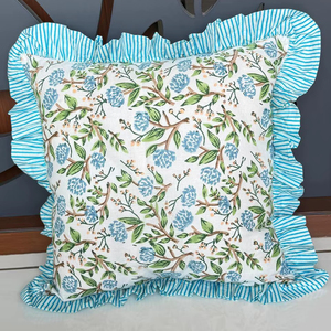 Vintage Floral Cotton Raffle Cushion Covers Bohemian <b>Throw</b> <b>Pillows</b> Handprinted Boho Trim Sofa Bed <b>Pillow</b> Cover Indian Cushion - Product Image 1