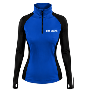 Haut de sport athlétique pour femme, bleu roi, à manches longues, col montant, avec passe-pouce, coupe ajustée, pour l'entraînement et la performance - Product Image 1