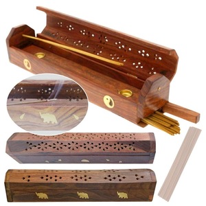Caja de Incienso de Madera de Sequoia Hecha a Mano con Tapa Tallada e Incrustaciones Florales - Product Image 6