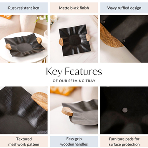 Metal <b>Black</b> Textured Serving Tray Features A Wavy Edge Design With Wooden Handles Creating A Stunning Accent Piece For Home - Product Image 3