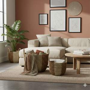 Juego de 2 cestas color marrón crema, hechas a mano con macramé y corteza de banano - Product Image 3