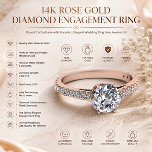 Anillo de Compromiso de Oro Rosa de 14K con Diamante Solitario de Corte Redondo y Detalles |   Anillo de Boda Elegante en Oferta, Joyería Fina para Regalo - Product Image 4