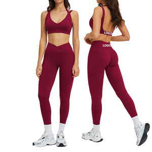 Women's Burgundy 2 Piece Yoga Set Turtleneck <b>Crop</b> <b>Top</b> High Waist Leggings Full Length Seamless Zipper Sweat-Wicking - Product Image 3