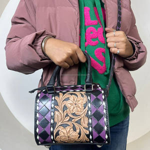 Bolso de mano pequeño Speedy de diseño occidental, hecho a mano con cuero vacuno, patrón a cuadros, bolso de lona, bolso bandolera para mujer - Product Image 4