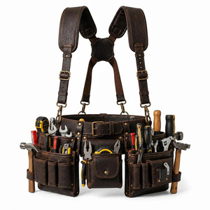 Ceinture porte-outils en cuir robuste pour constructeurs, avec plusieurs compartiments, coutures durables, boucle sécurisée et support pour marteau. - Product Image 1