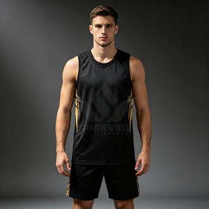 Camiseta de Baloncesto Personalizada para Hombre, Negra y Dorada, sin Mangas, con Diseño Geométrico Sublimado, Malla Transpirable, Ropa Deportiva para Equipo - Product Image 1