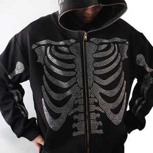Sudadera con capucha impermeable de forro polar con cremallera completa para hombre, diseño de calavera con diamantes de imitación, personalizada, para otoño, venta al por mayor - Product Image 3