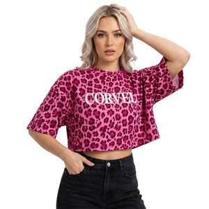 Camiseta Corta de Mujer con Estampado de Leopardo Marrón Personalizada, Corte Cuadrado, Manga Corta, Cuello Redondo, Top de Moda de Verano con Estampado Animal, OEM - Product Image 3