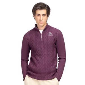Pull à col zippé pour homme, violet prune, tricot texturé, col montant, manches longues, style décontracté, fabrication OEM personnalisée - Product Image 1