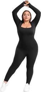 Best Women Seamless Ribbed Full Length <b>Bodysuit</b> <b>Square</b> <b>Neck</b> High Waist Plus Size Activewear Set Black Long Sleeve Stretchy Fit - Product Image 5