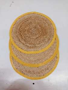 Handwoven round jute <b>placemat</b> with <b>yellow</b> border eco-friendly natural fiber table mat ideal for rustic boho farmhouse dining - Product Image 4