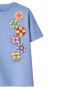 Camiseta de Mujer Azul Polvo Personalizada con Bordado de Patchwork, Cuello Redondo de Algodón Suave, Manga Corta Informal, Top Ligero de Verano - Product Image 4